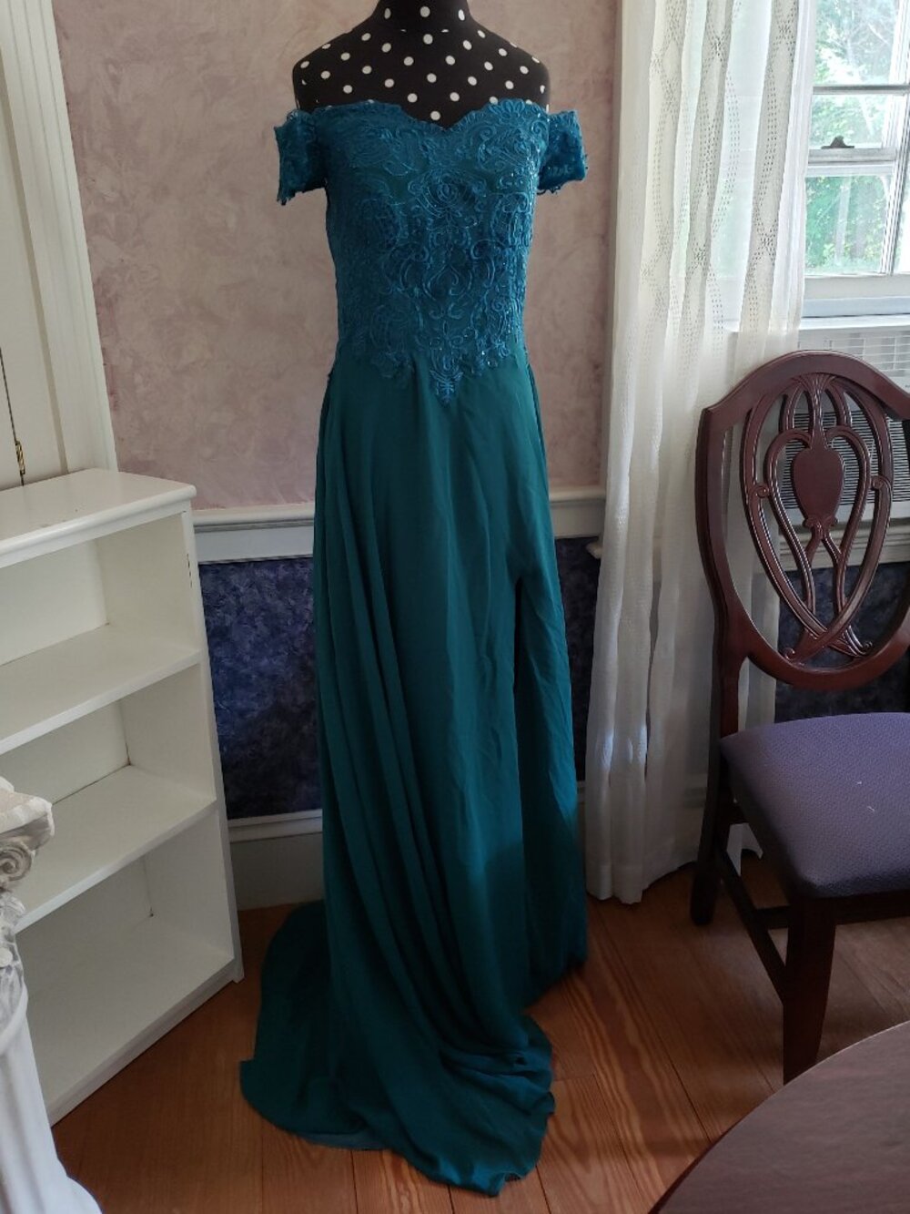 Teal Blue Green Off Shoulder Train Gown 6